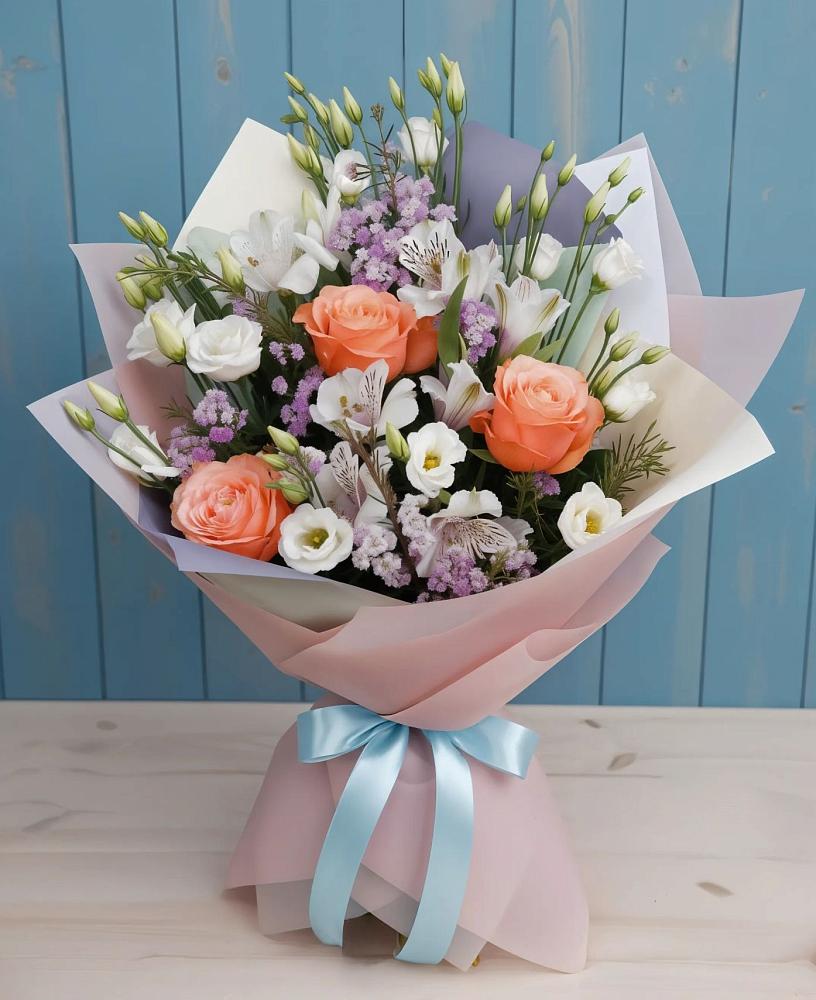 Букет цветов из: Лизиантусы, Розы, Альстромерии и Гипсофила в Исток