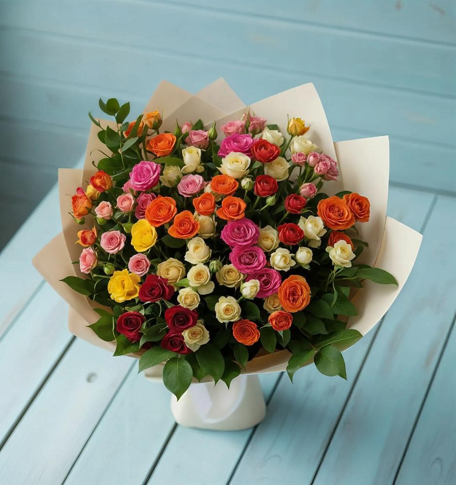 Букет Микс из разноцветных кустовых роз в Исток