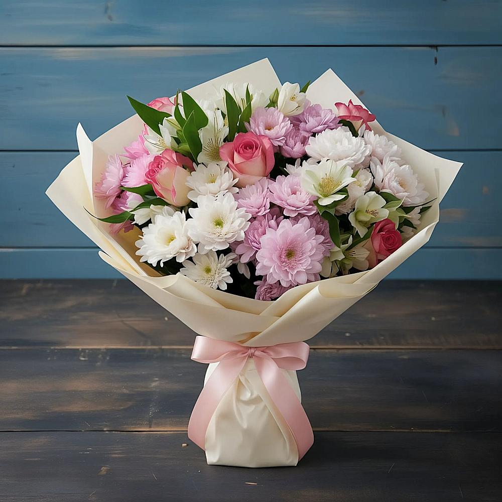 Букет цветов из: Хризантемы, Альстромерии и Розы в Исток